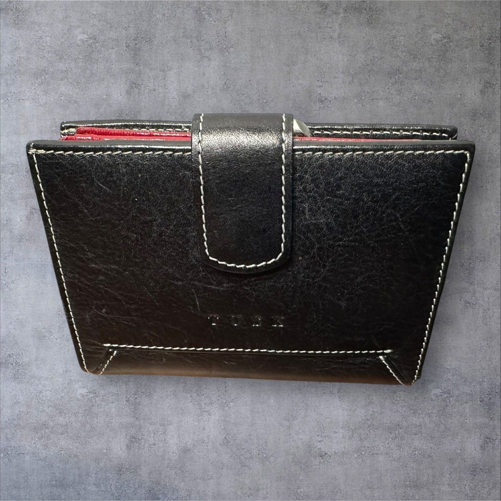 HTF Tusk Bifold Wallet Women Black/Red Leather Kiss-lock Snap Contrast Stitch